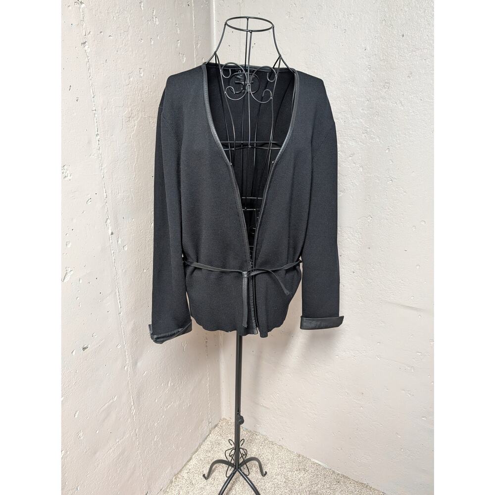 Vintage 90s Y2K Rafaella Black Silk Blend Zip Cardigan Leather Trim L